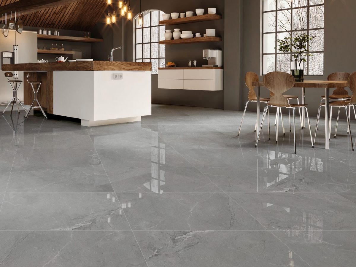 Dark grey gloss kitchen tiles